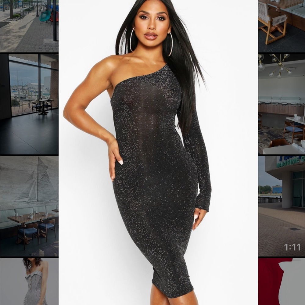 Boohoo one sleeve sparkle midi dress